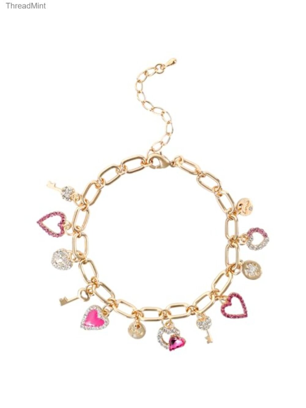 Gold Plated Brass Charm Link Bracelet with Zircon Stones - Cute Heart Lock Key